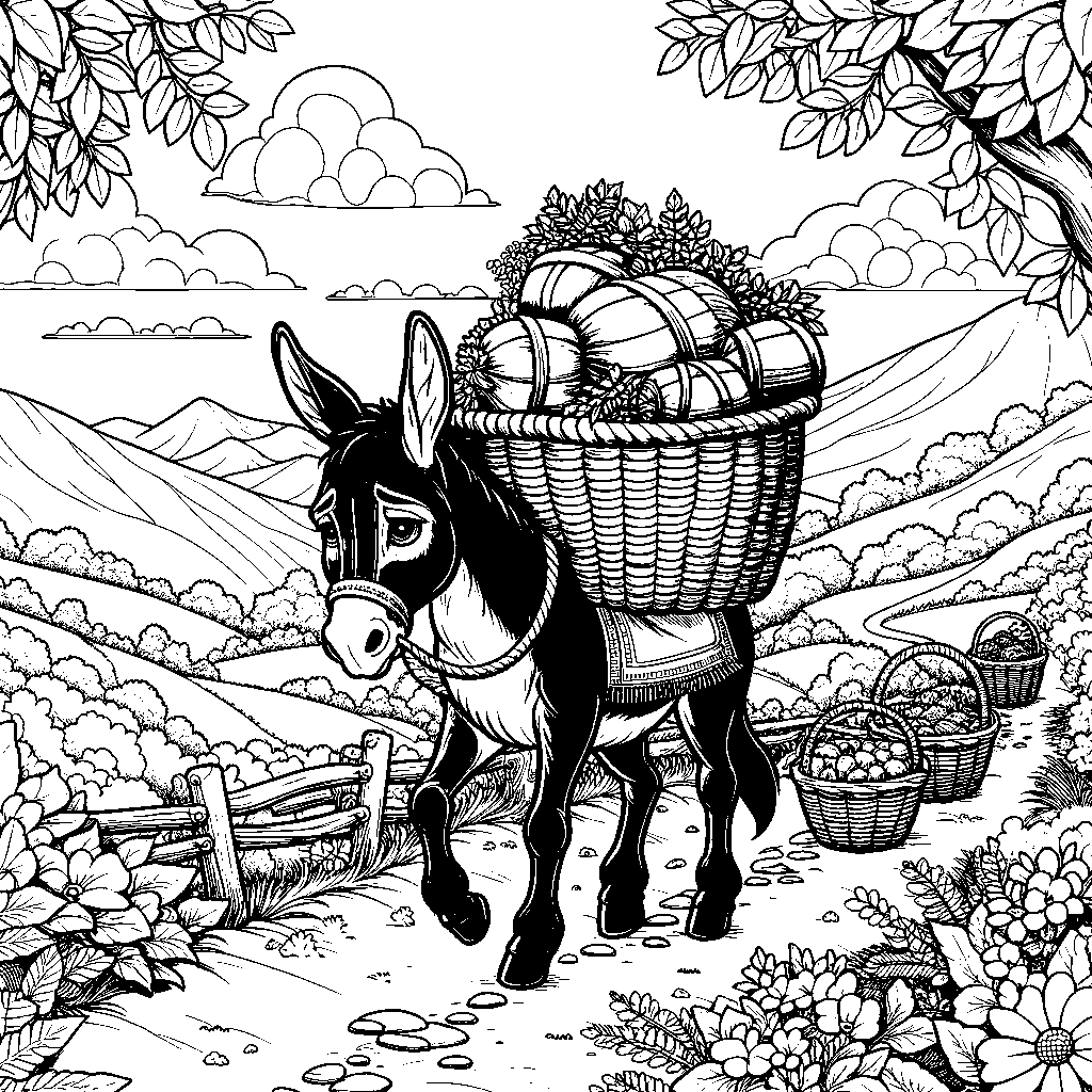 A Donkey Carrying Baskets On A Trail