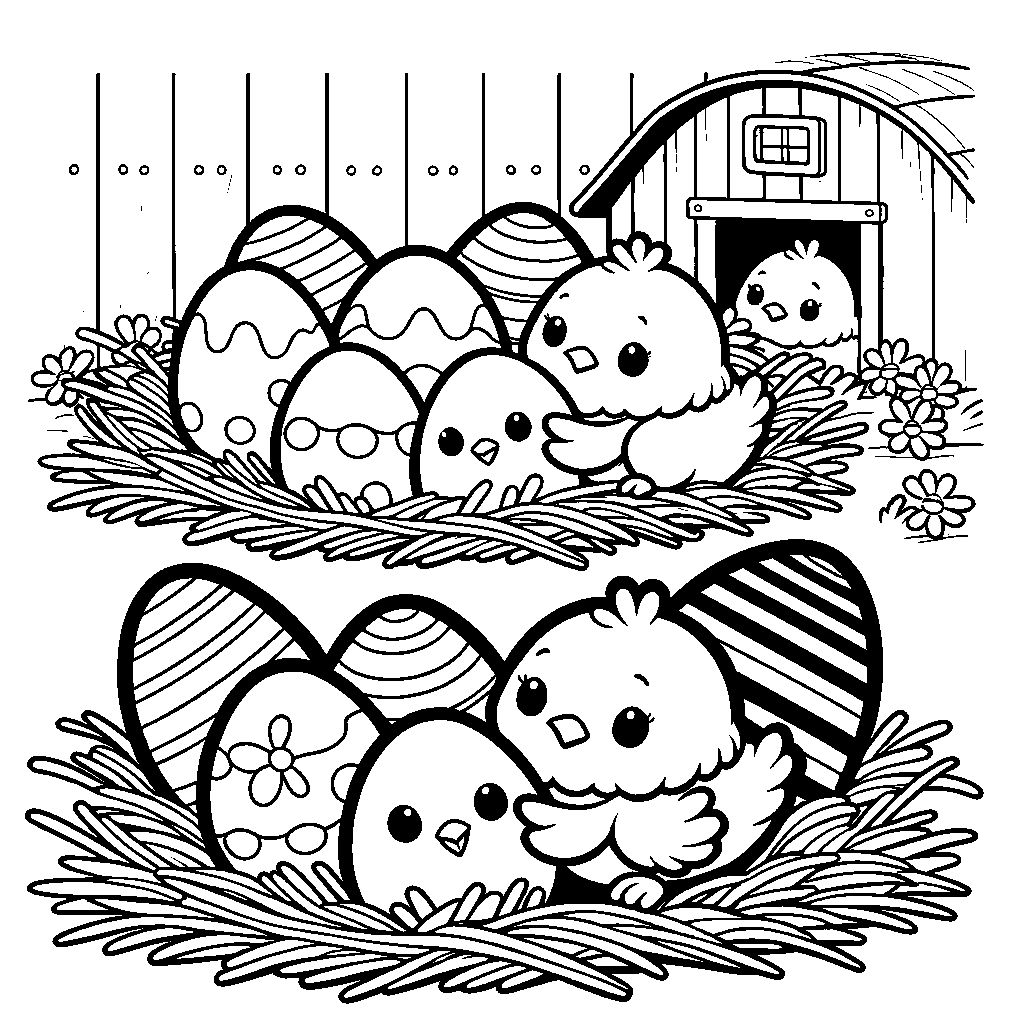 A Group Of Baby Chicks Hatching From Eggs In A Hay-lined Nest