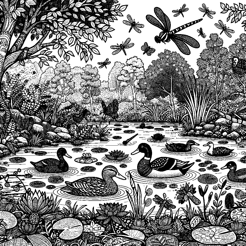 A Pond With Ducks, Frogs, And Dragonflies