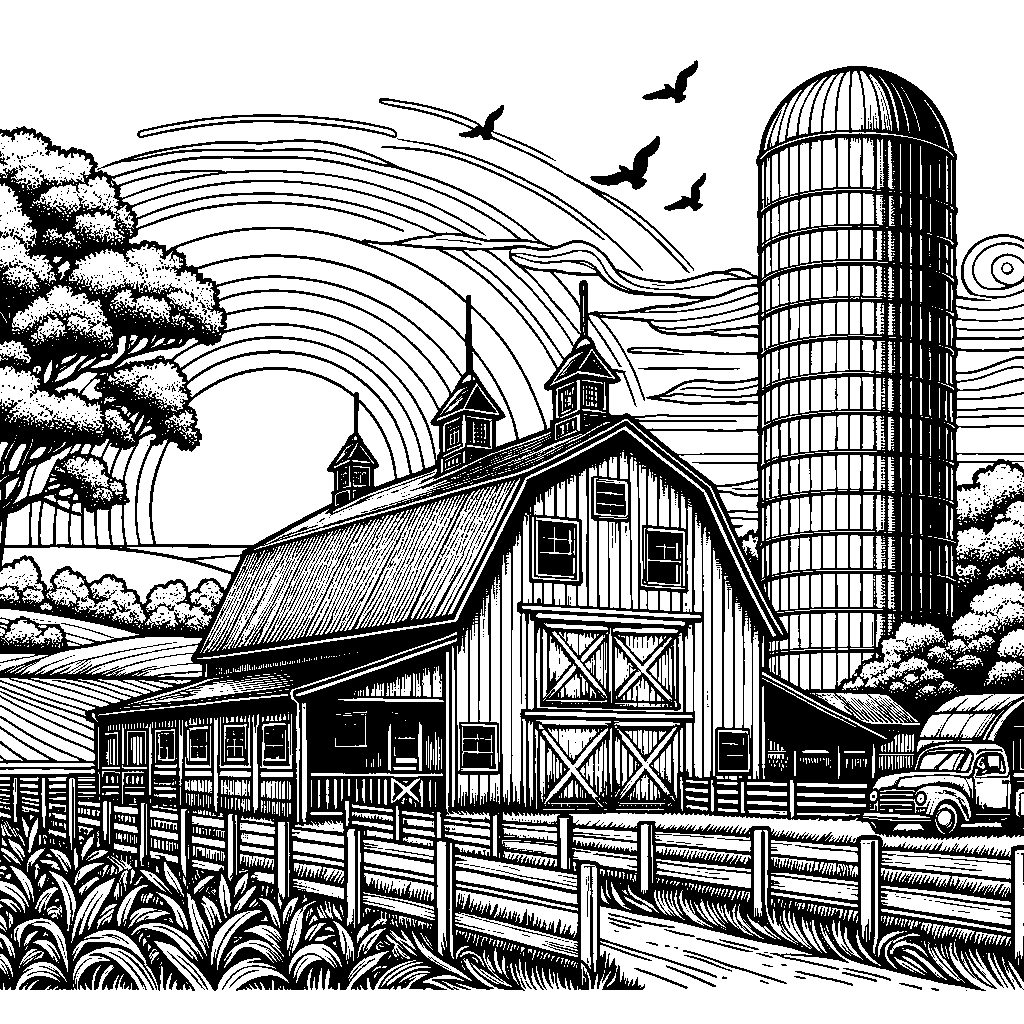 A Big Red Barn With A Silo At Sunrise