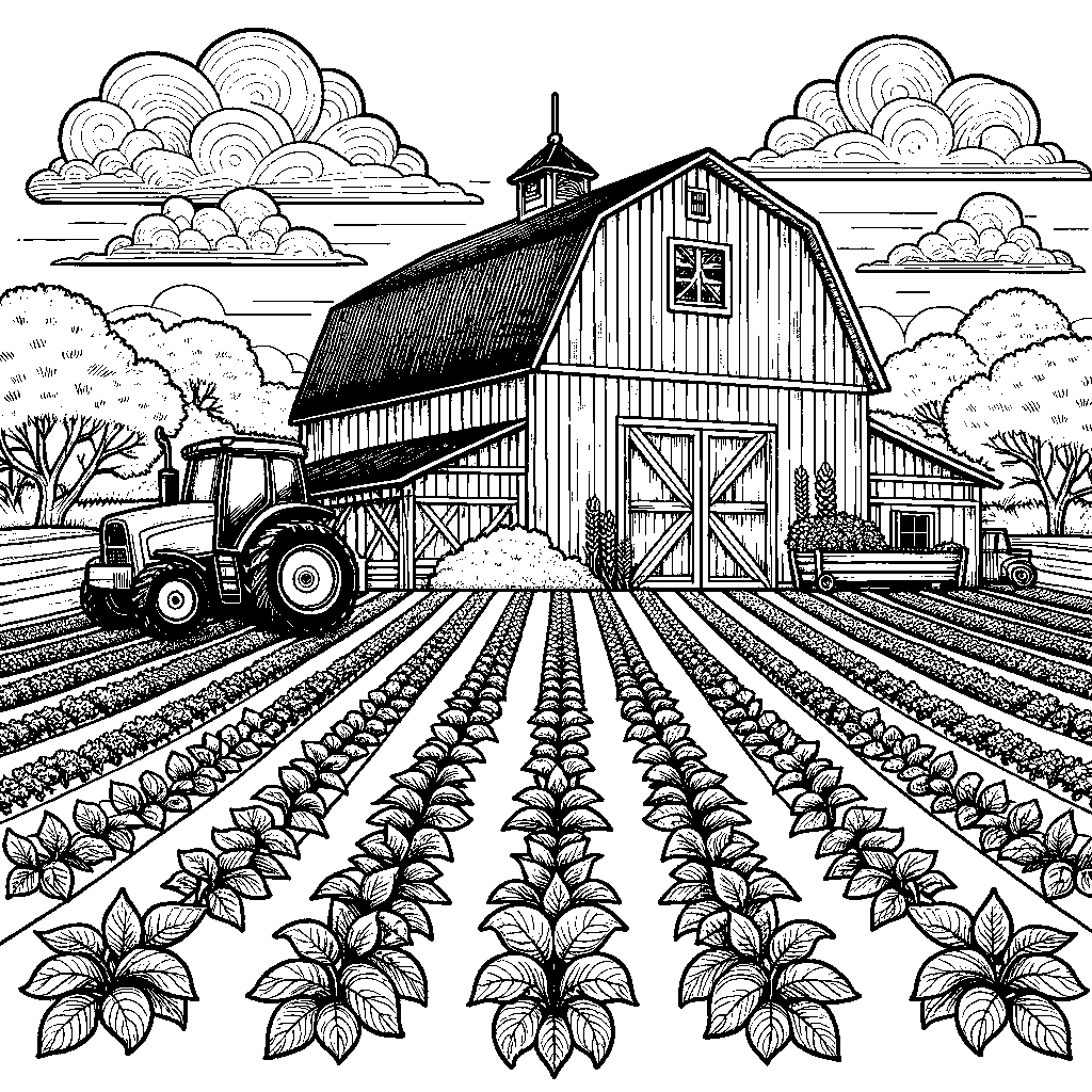 A Red Barn Surrounded By Newly Planted Crop Rows With A Tractor In The Background And Spring Clouds Overhead