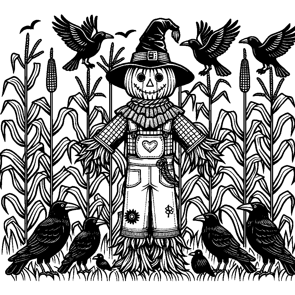 A Scarecrow In A Cornfield With Crows