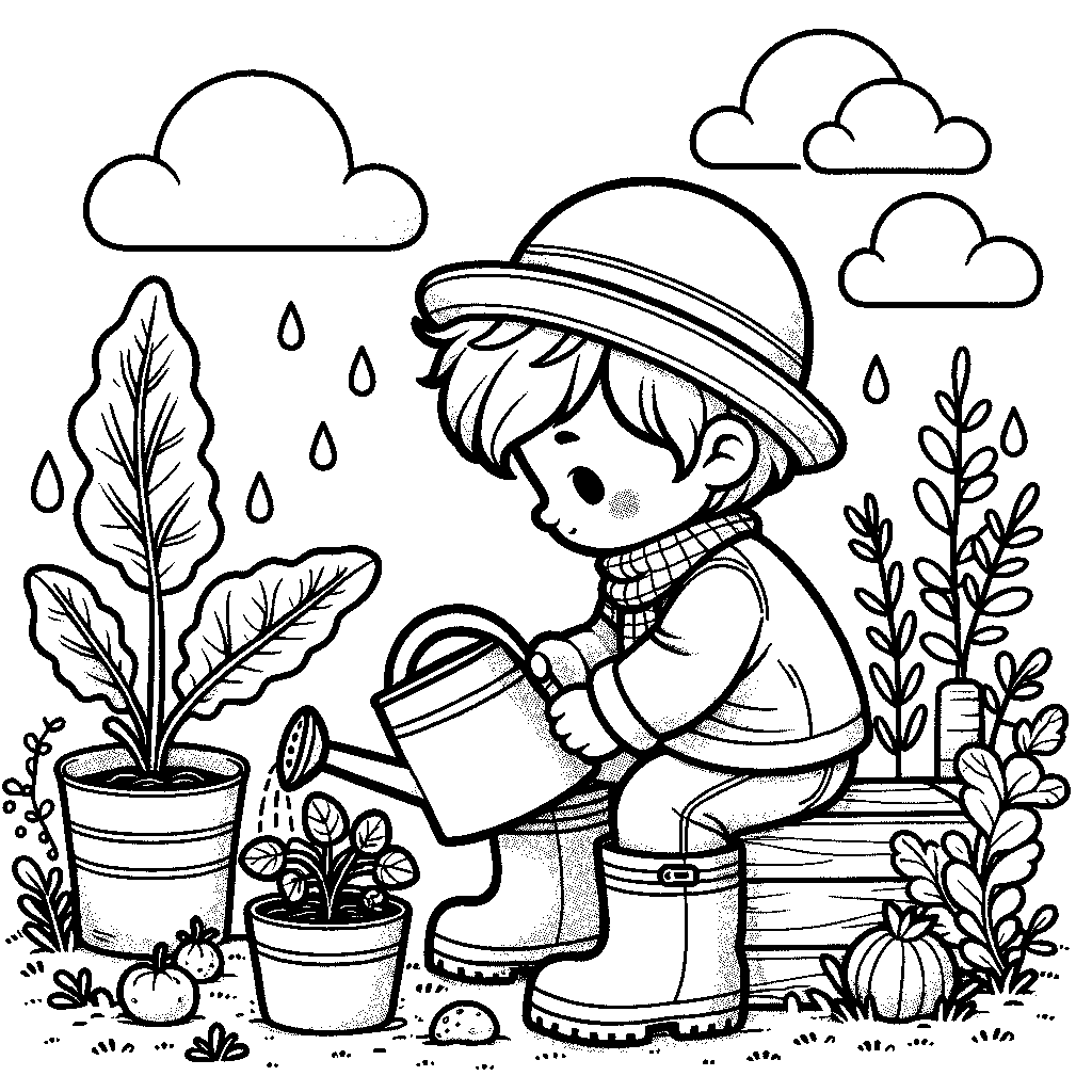 A Child In Rain Boots Planting Seedlings In A Vegetable Garden With A Watering Can Nearby