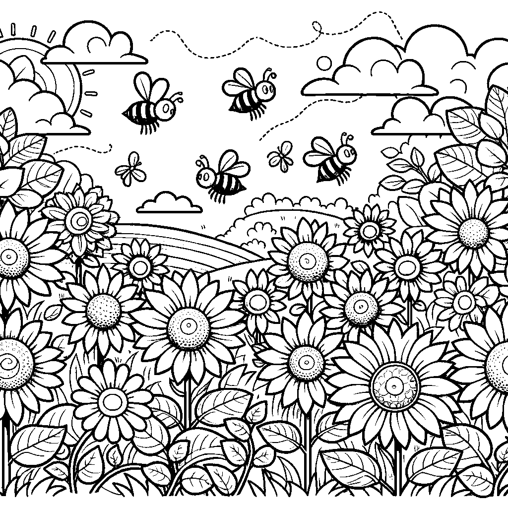 A Sunflower Garden With Bees Buzzing