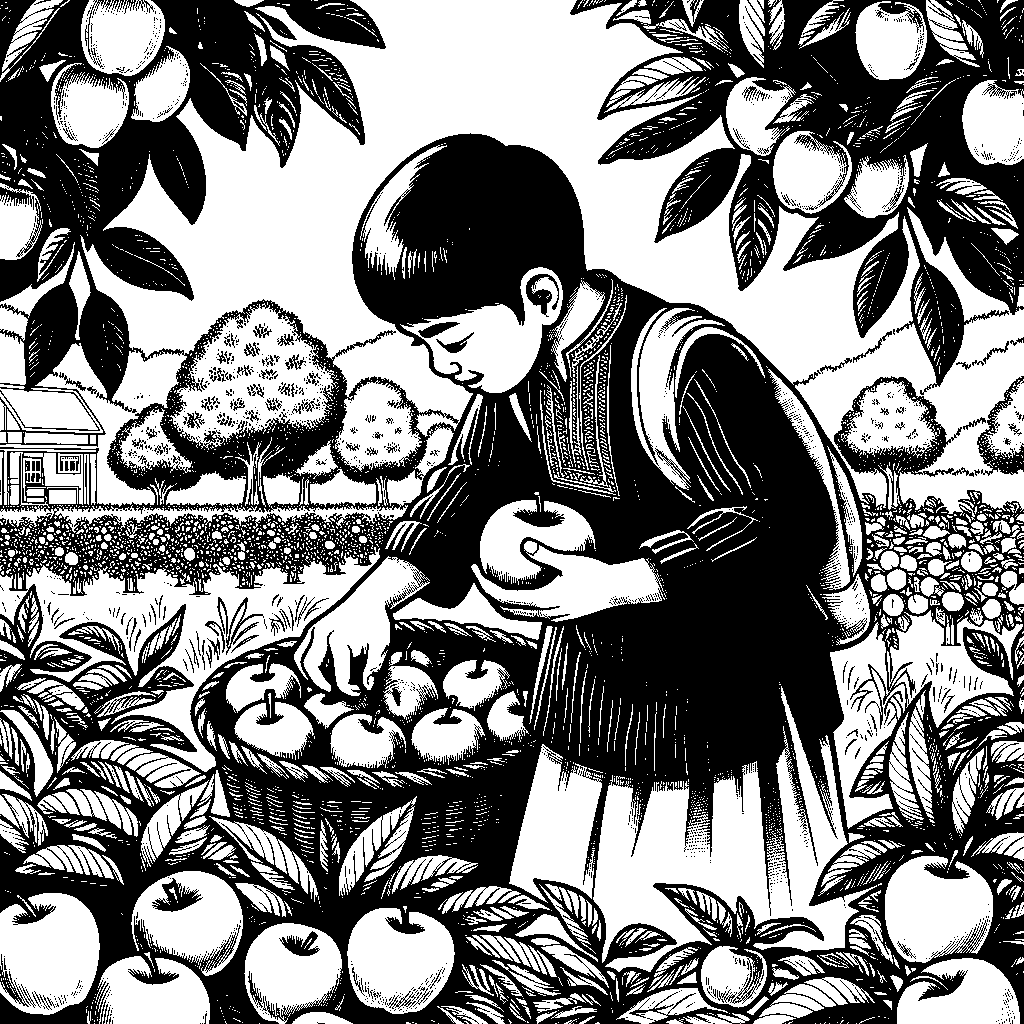 An Apple Orchard With A Child Picking Apples