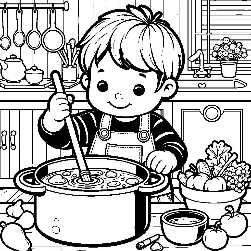 A Child Stirring A Big Pot Of Soup