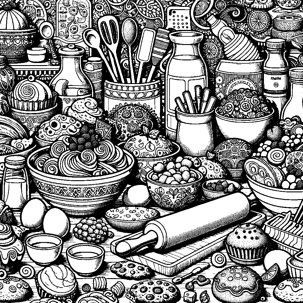 A Kitchen Counter With Baking Ingredients And Tools