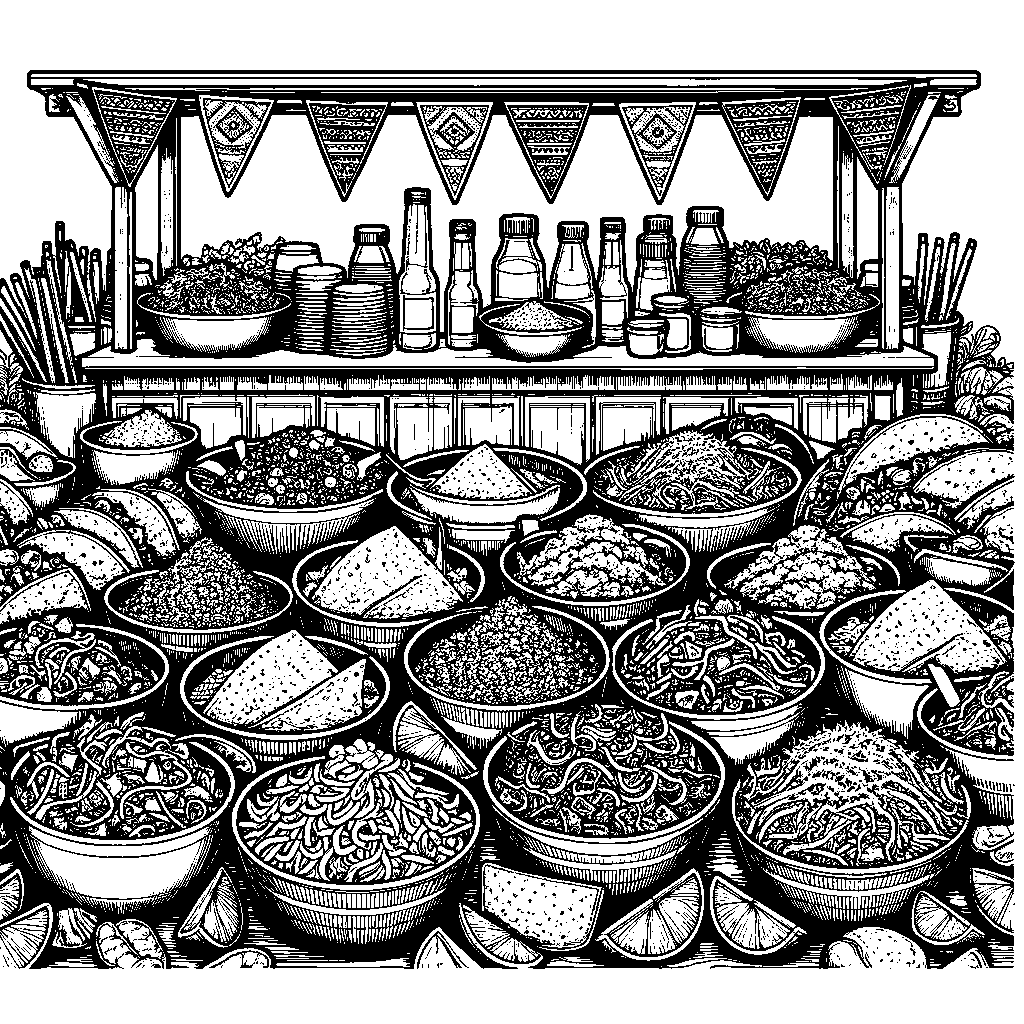 A Taco Bar With Bowls Of Fillings And Toppings