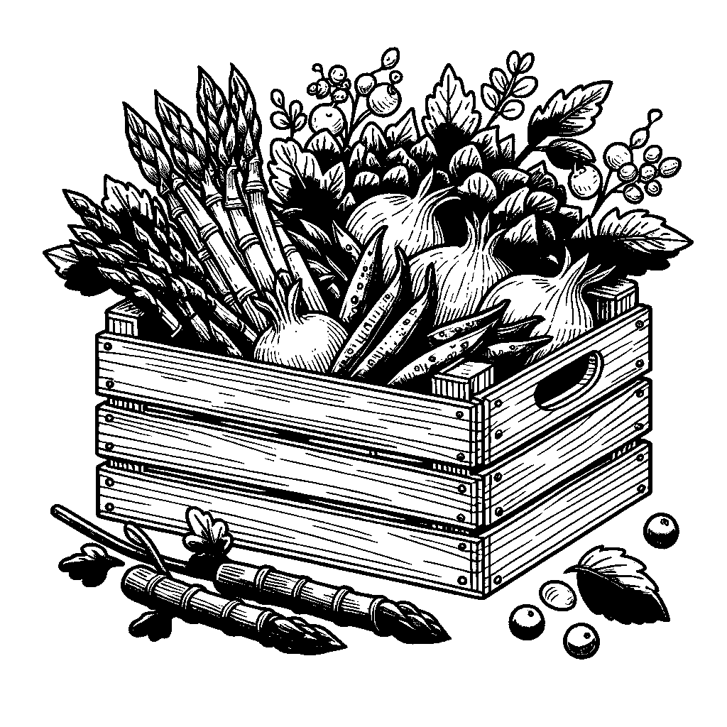 A Wooden Market Crate Overflowing With Spring Vegetables Including Asparagus, Peas, And Radishes