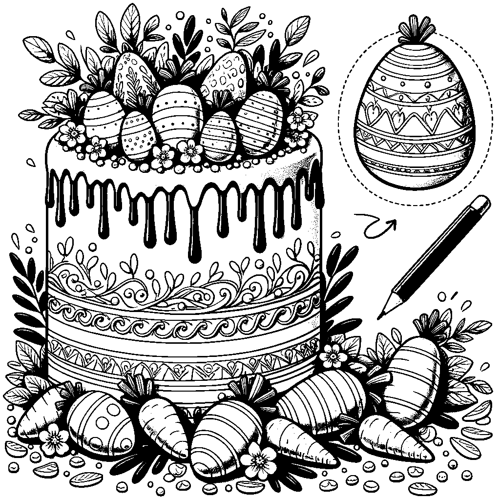 A Tall Easter-themed Cake Decorated With Fondant Carrots, Easter Eggs, And Ribbon Frosting