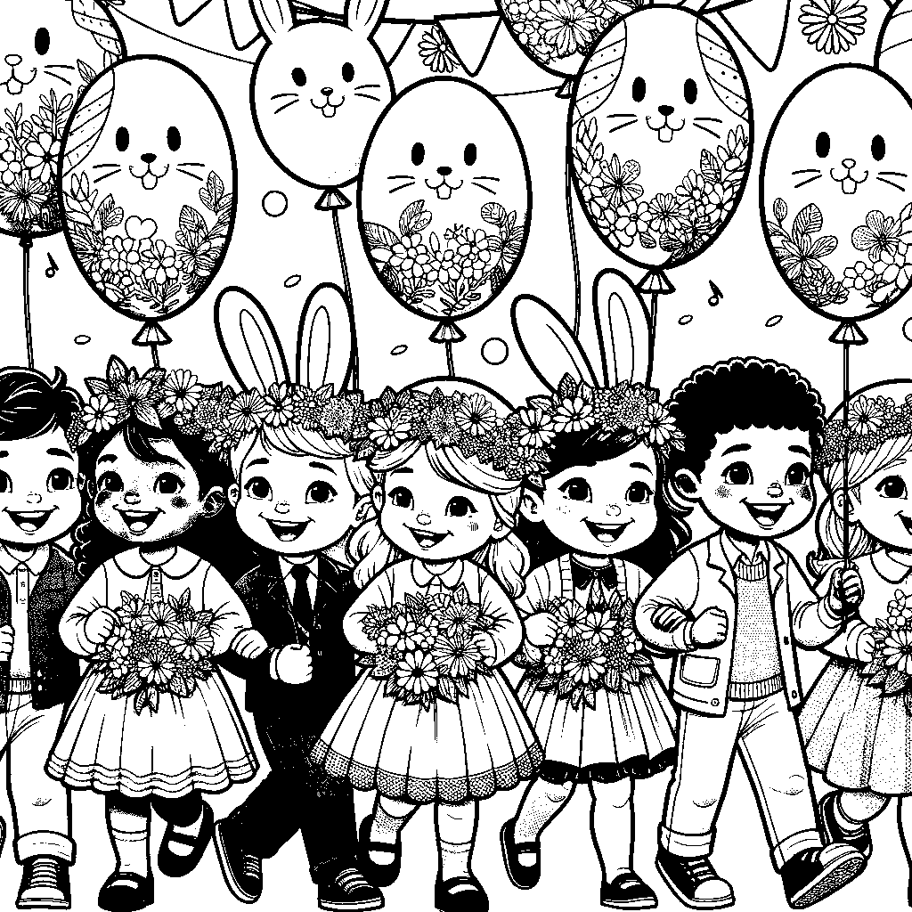 A Cheerful Easter Parade With Children Carrying Bunny Balloons And Flower Garlands