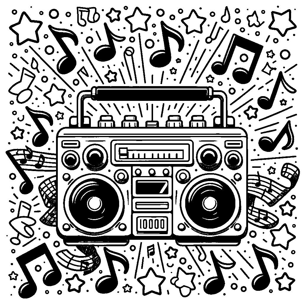 A Boombox With Music Notes And Stars