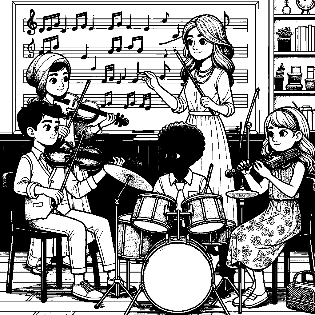 A Music Teacher And Students In A Classroom