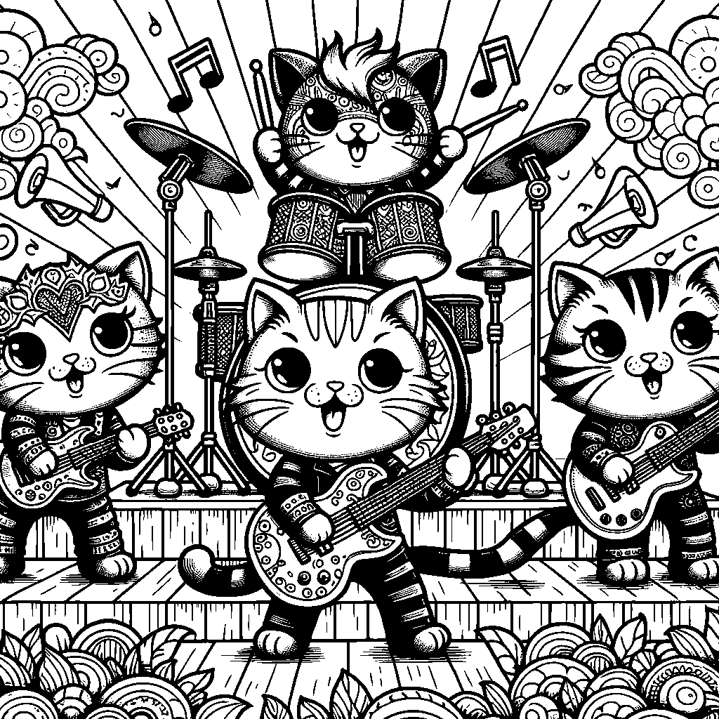 A Rock Band Of Cartoon Cats Performing On Stage
