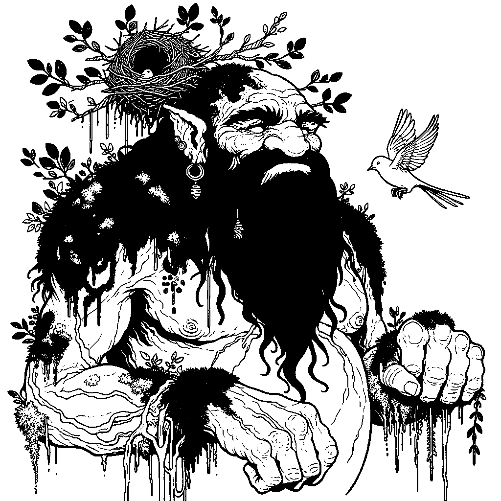 A Gentle Green Forest Giant With Moss-covered Shoulders And A Bird's Nest On Its Head