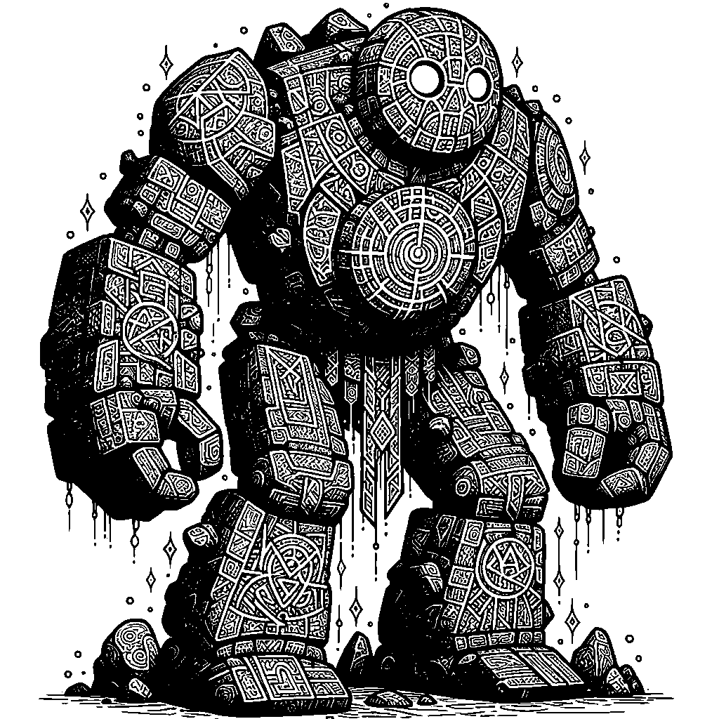A Golem Made Of Rocks With Glowing Rune Patterns