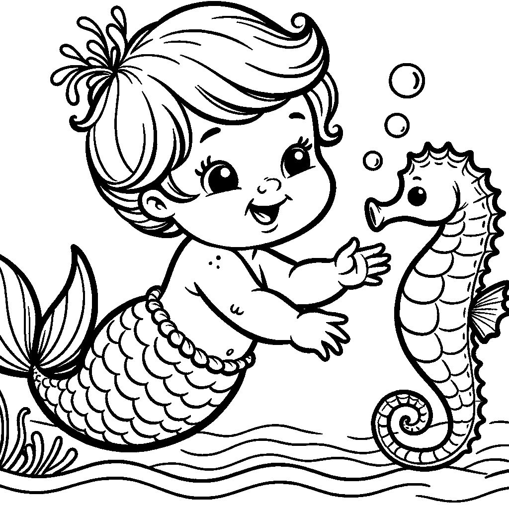 A Baby Mermaid Playing With A Seahorse