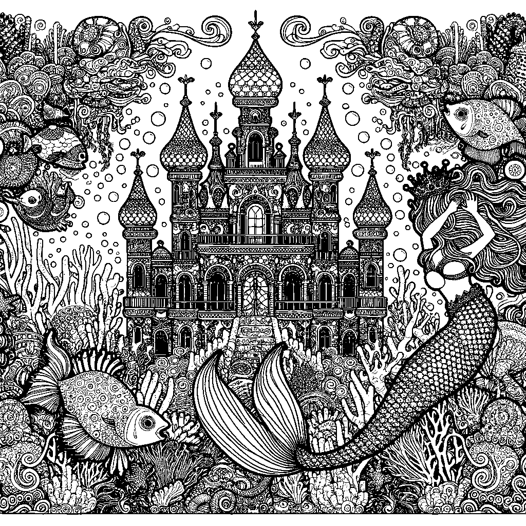 A Mermaid Kingdom Underwater With A Coral Castle