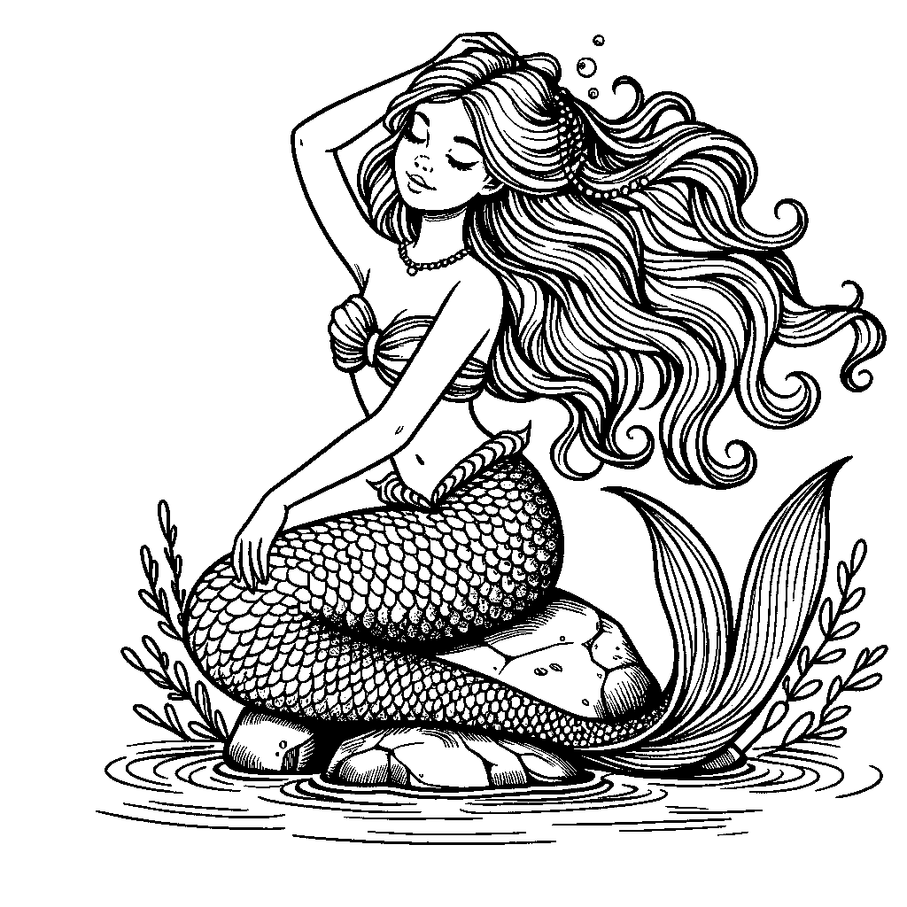 A Mermaid Sitting On A Rock Combing Her Hair