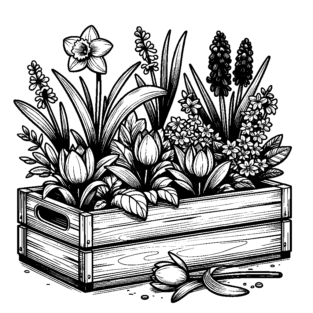 A Wooden Garden Planter Box Overflowing With Tulips, Daffodils, And Hyacinths