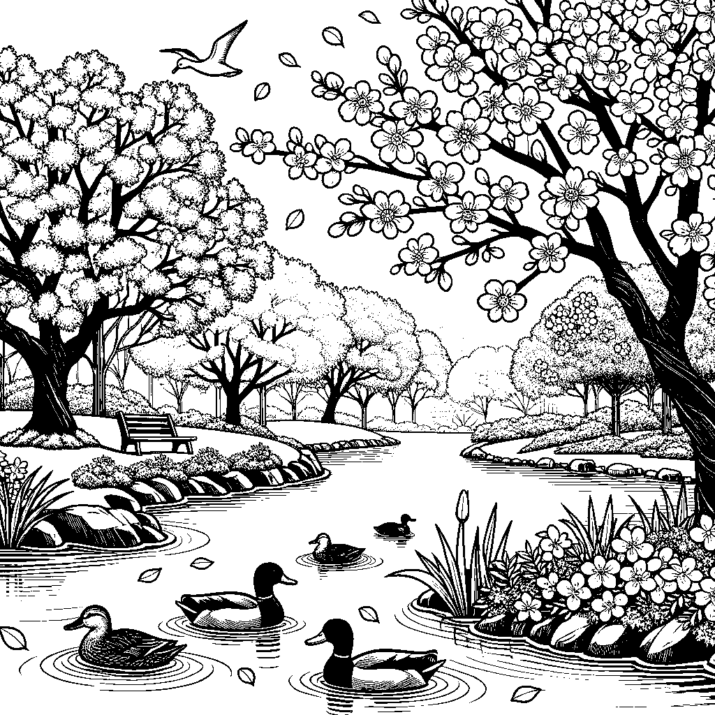 A Spring Park Scene With Cherry Blossom Trees In Full Bloom, A Pond, And Ducks