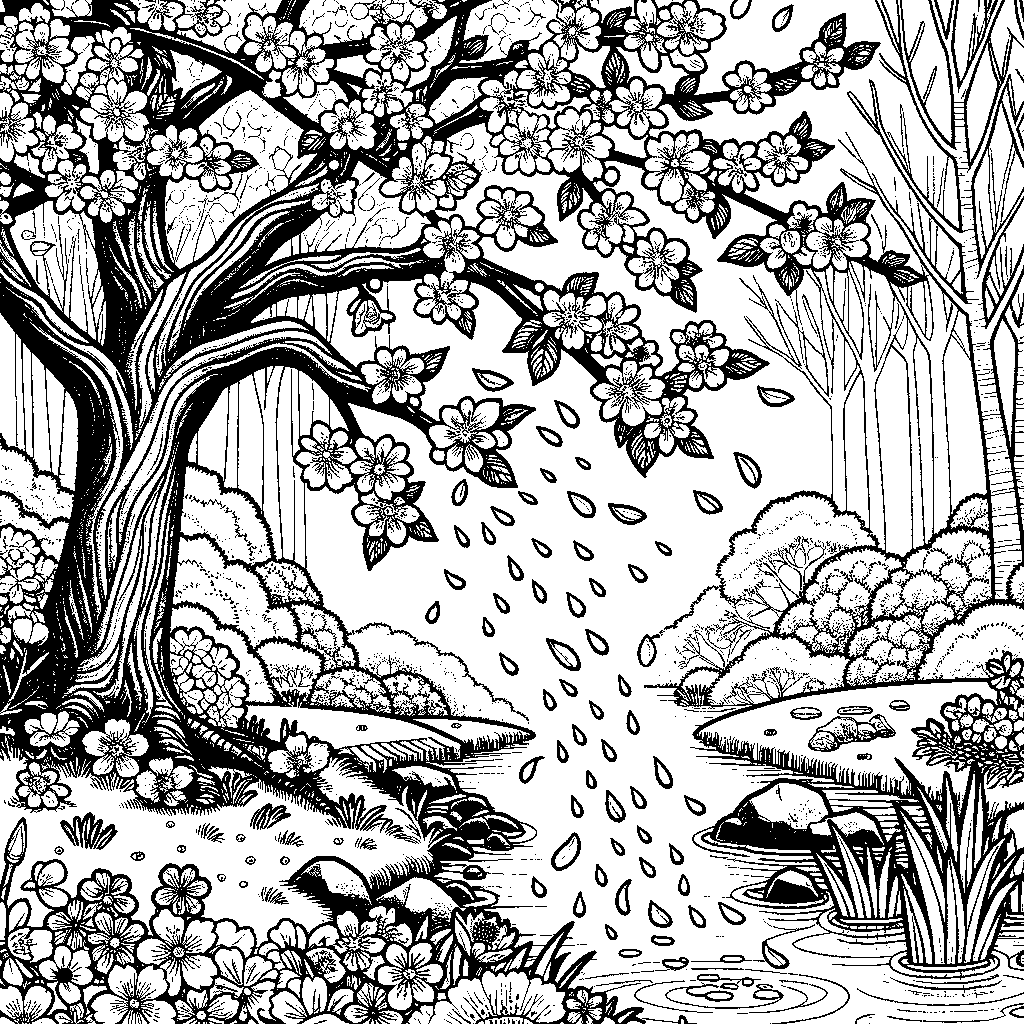 A Spring Scene With A Cherry Blossom Tree Dropping Petals Onto A Pond