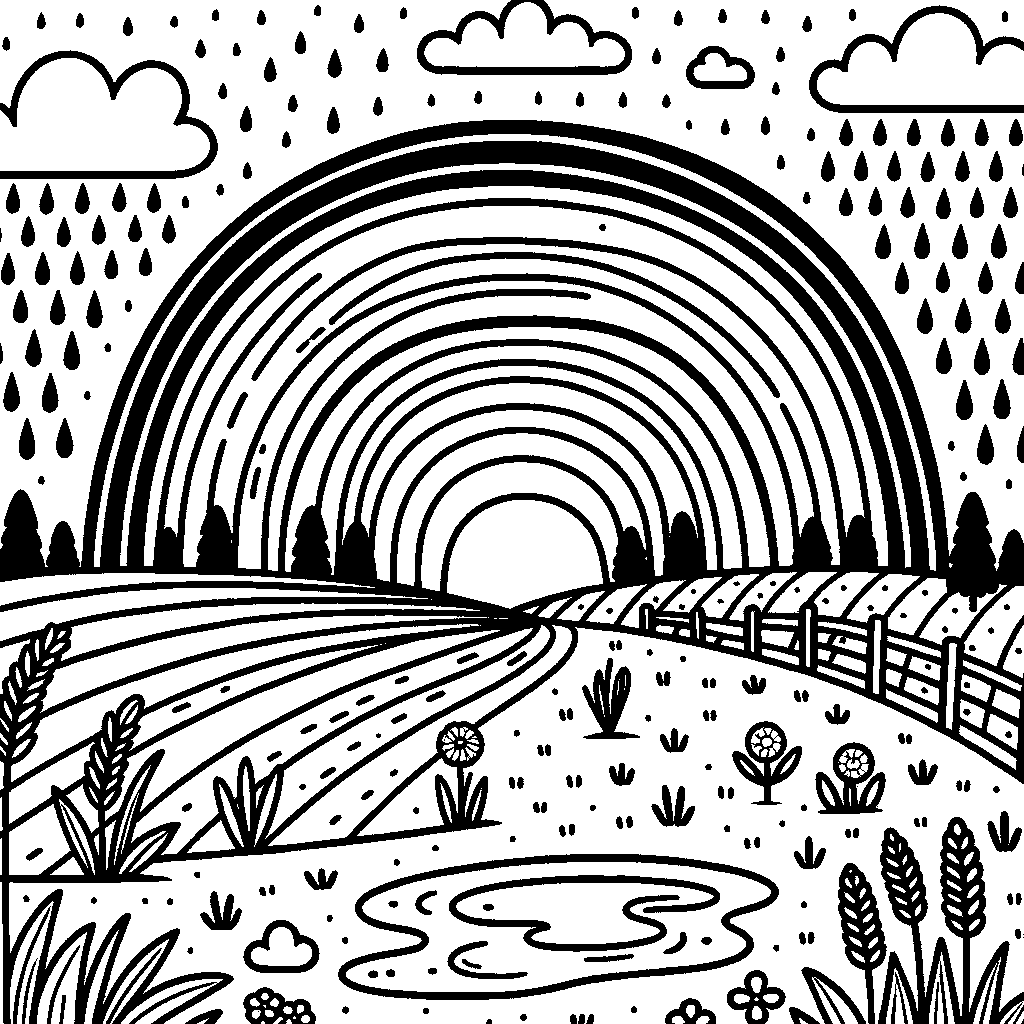 A Rainbow Arching Over A Field After An April Rain Shower With Puddles On The Ground