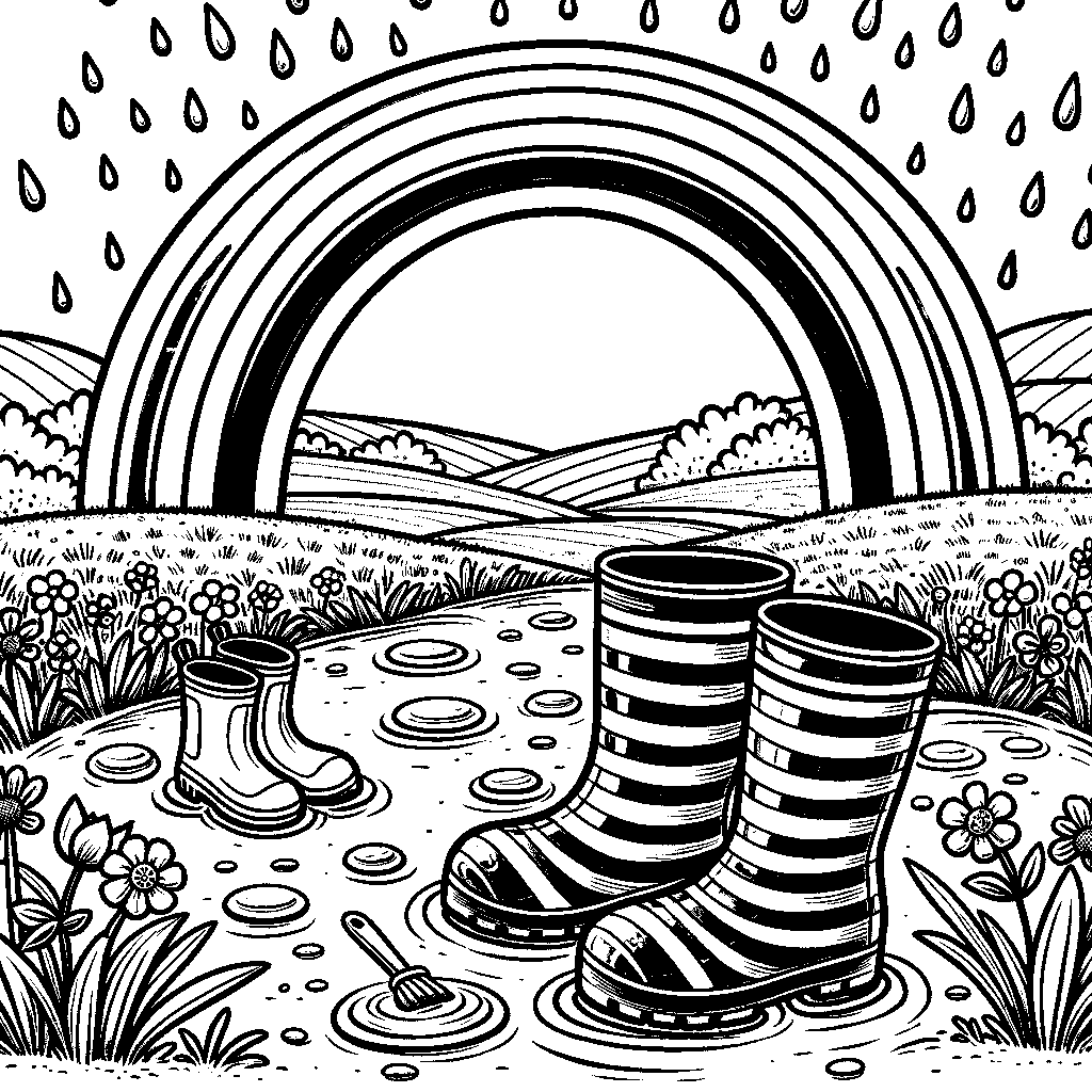 April Showers With A Rainbow Arching Over A Field Of Puddles And Rain Boots