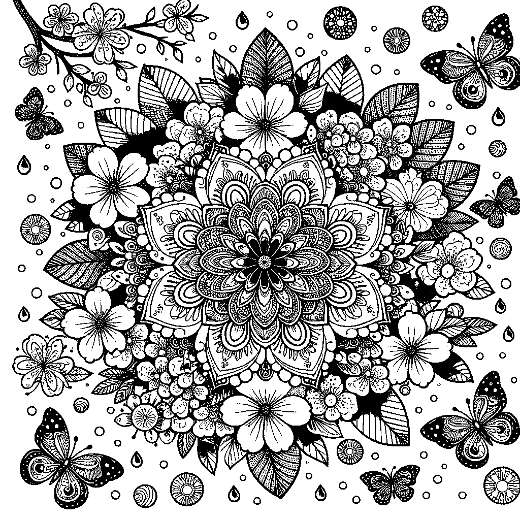 A Spring Blossom Mandala With Layered Petals, Butterflies, And Dewdrop Details