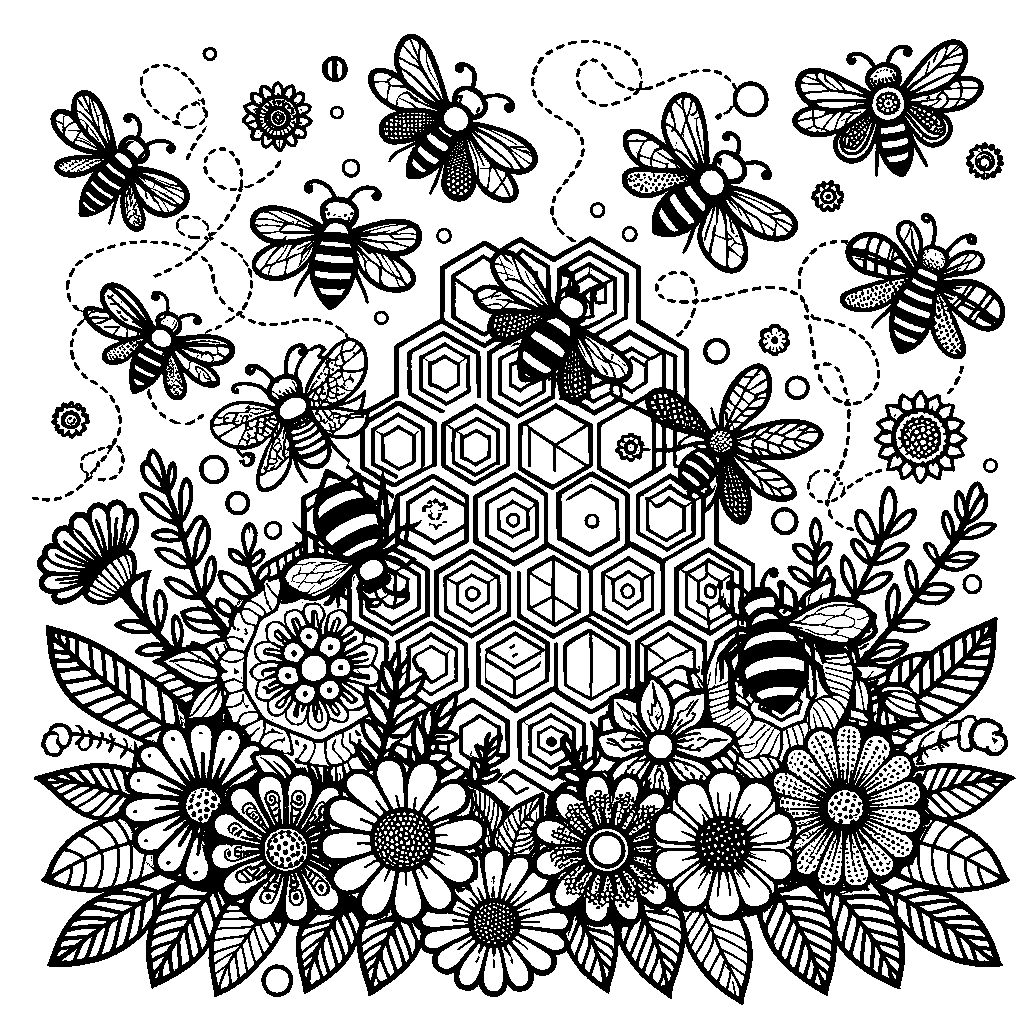 A Honeycomb Pattern With Bees And Flowers
