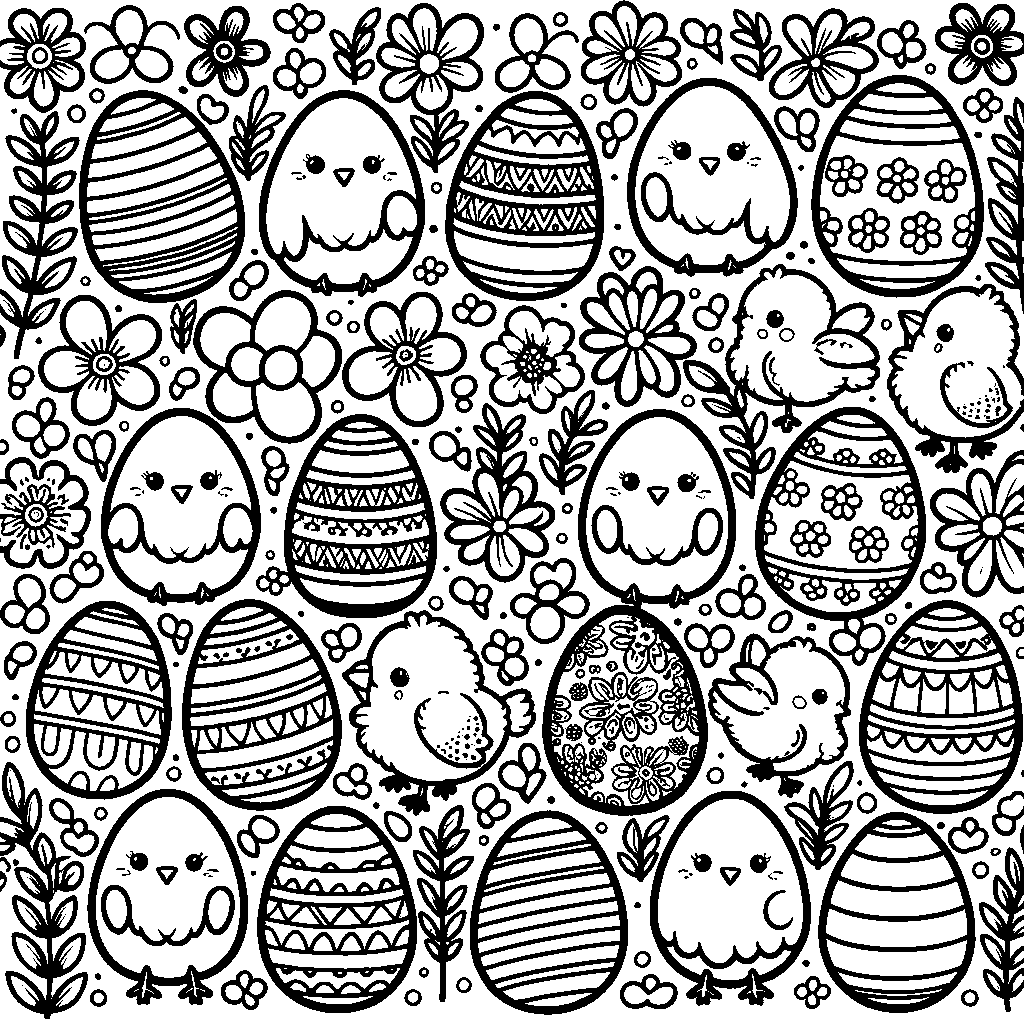 A Repeating Pattern Of Easter Eggs, Chicks, And Spring Flowers In Rows