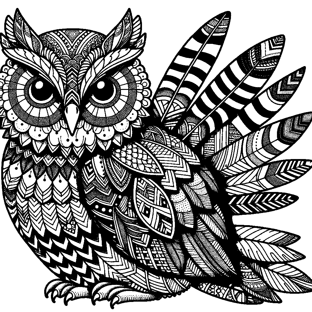 A Zentangle Owl With Geometric Feather Patterns