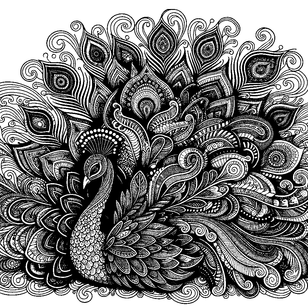 A Zentangle Peacock With Ornate Tail Feathers