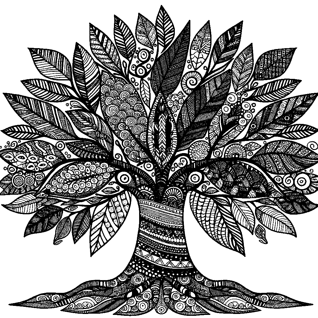 A Zentangle Tree With Patterned Leaves And Trunk