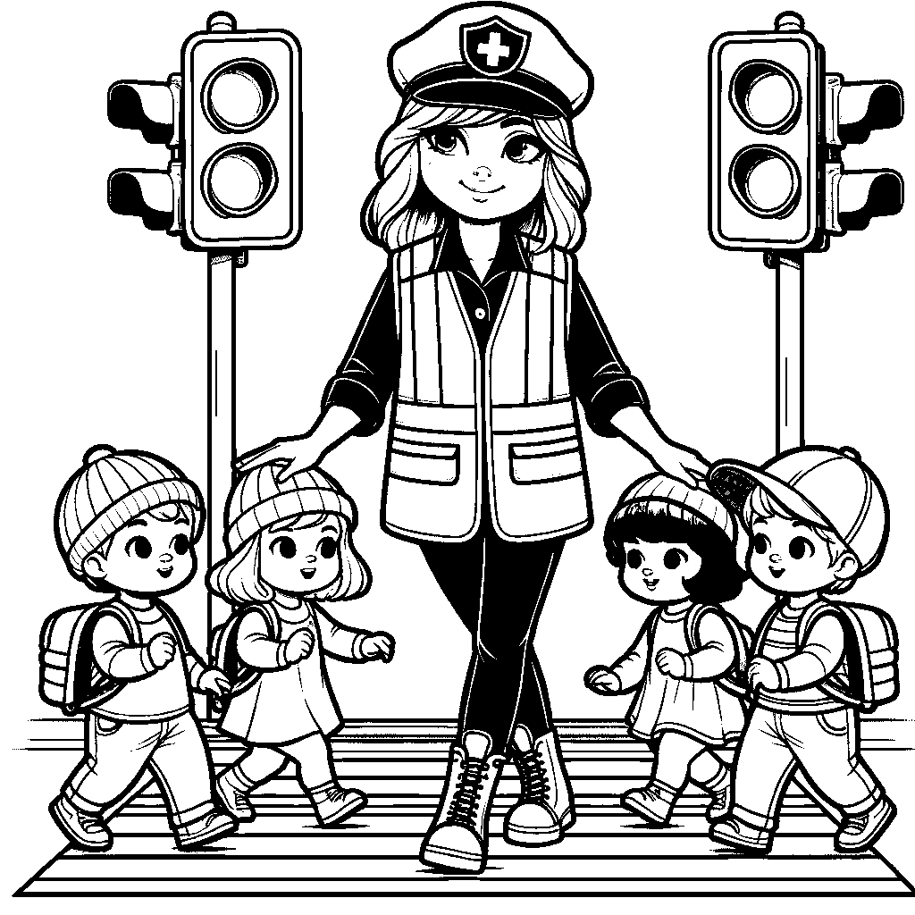 A Crossing Guard Helping Children Cross The Street