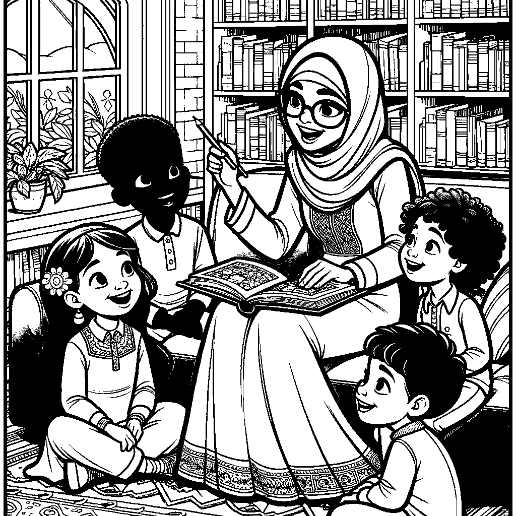 A Librarian Reading To Children In A Cozy Library