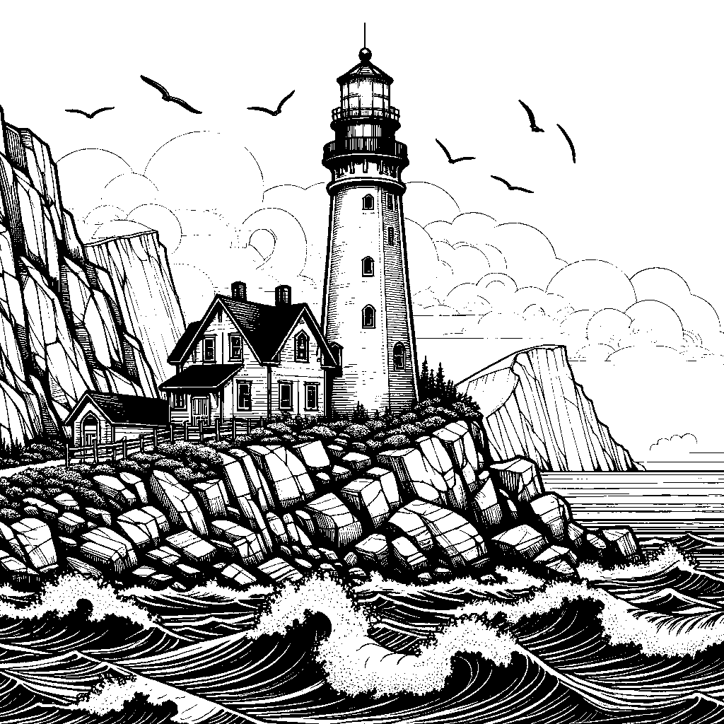 A Lighthouse On A Rocky Cliff With Waves Crashing