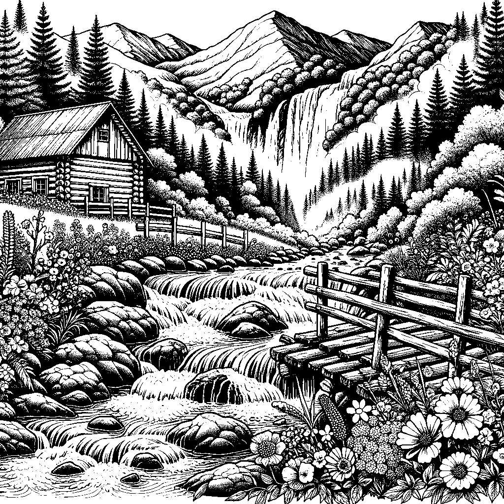 A Misty Mountain Valley With A Rushing Waterfall, Wildflowers, And A Wooden Rope Bridge