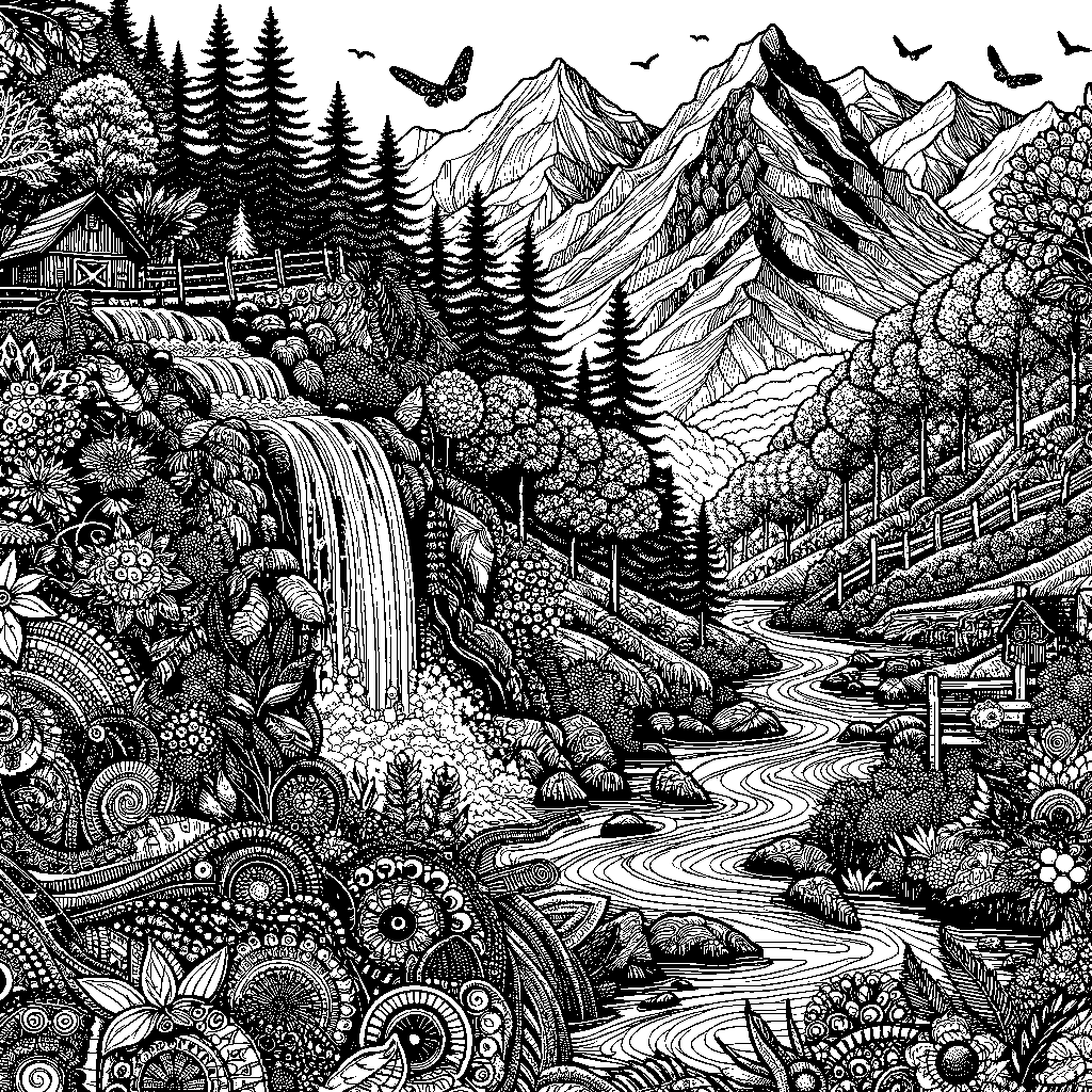 A Mountain Trail With A Waterfall And Wildlife