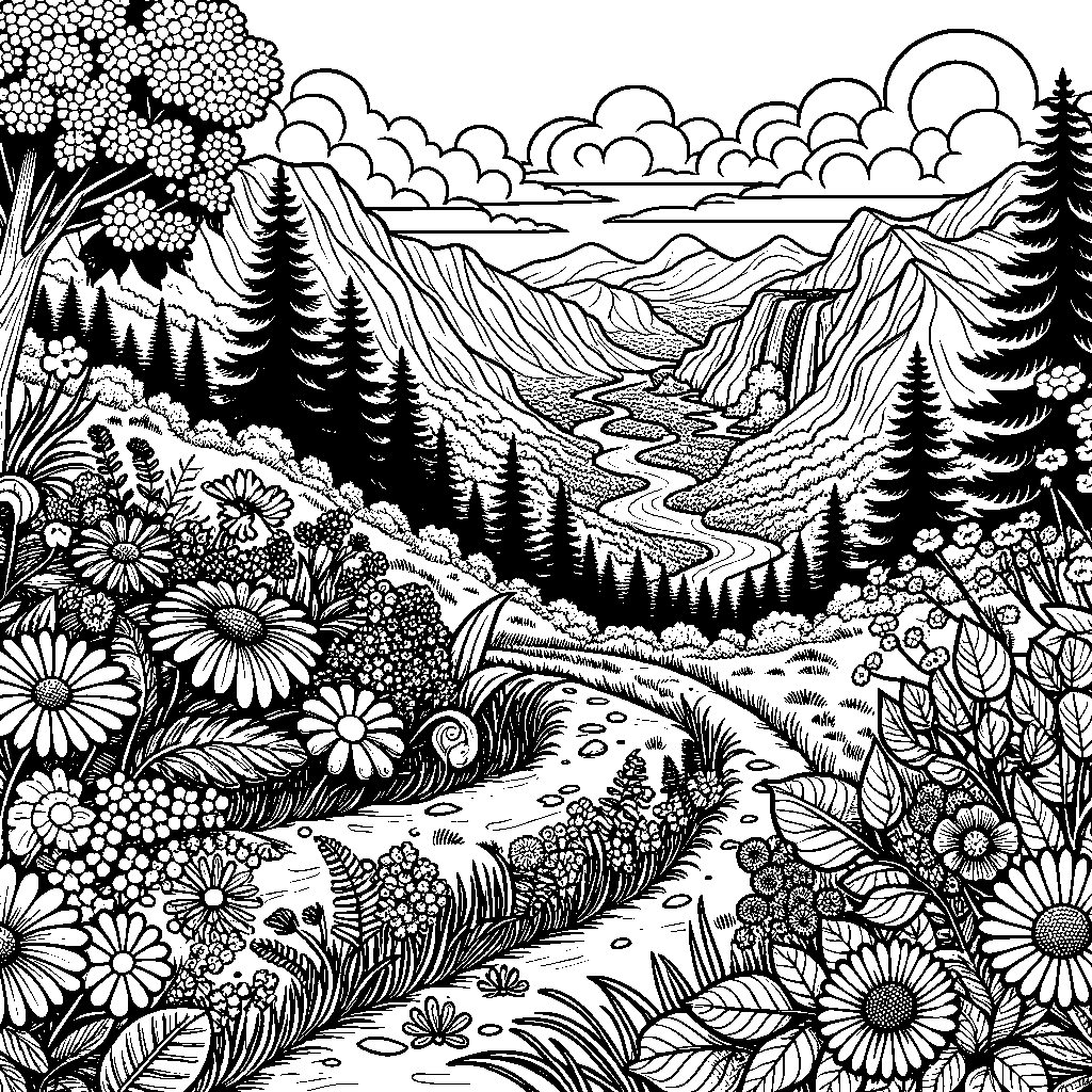 A Winding Mountain Trail In Spring With Wildflowers And A Distant Waterfall