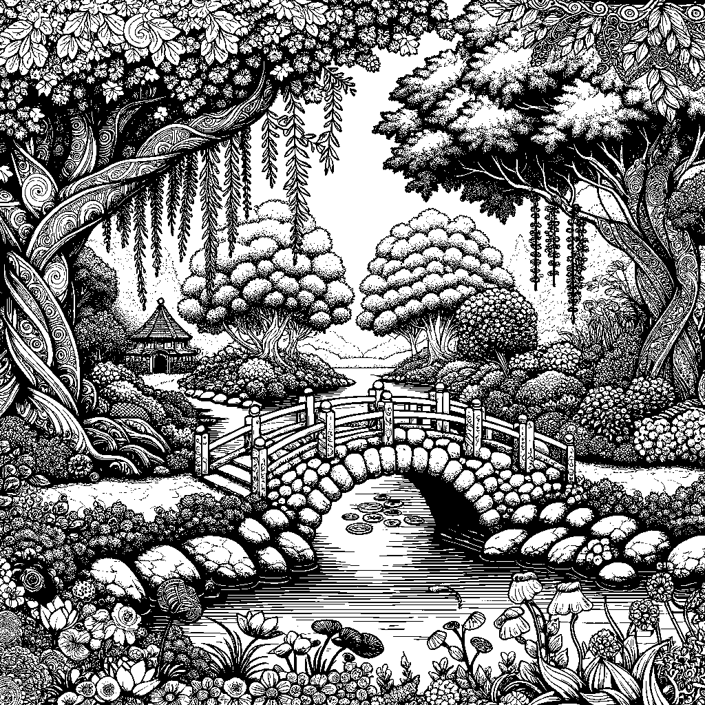 An Enchanted Garden With A Stone Bridge And Pond