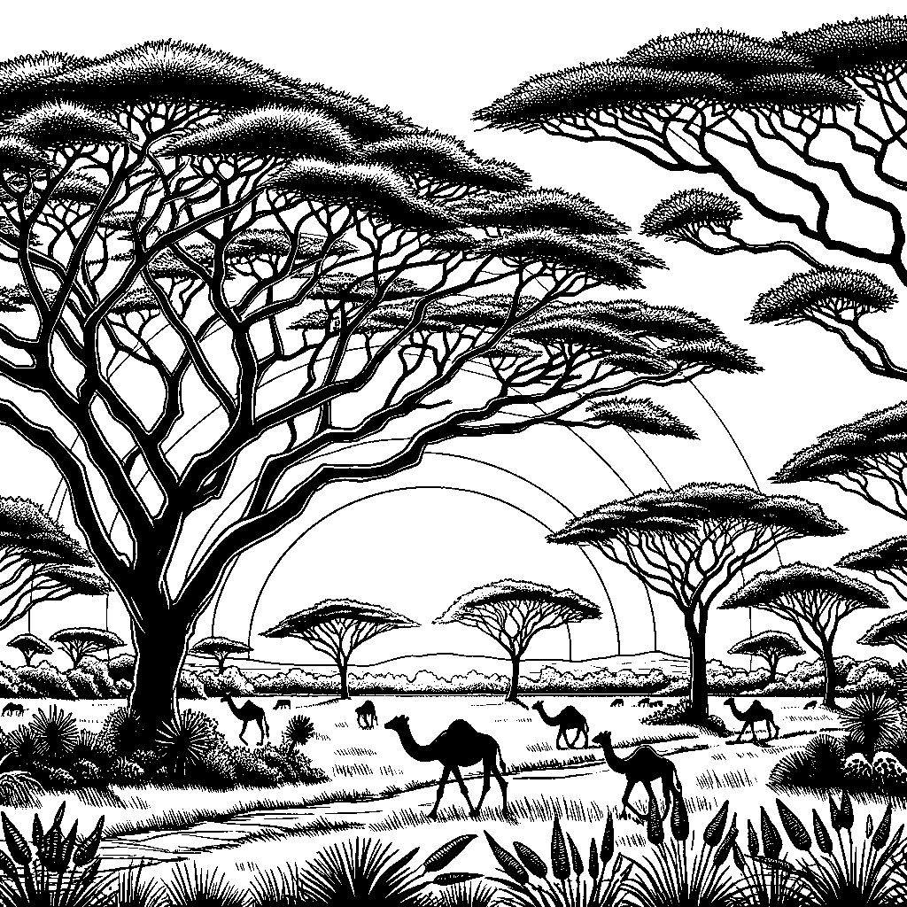 An African Savanna With Acacia Trees At Sunset