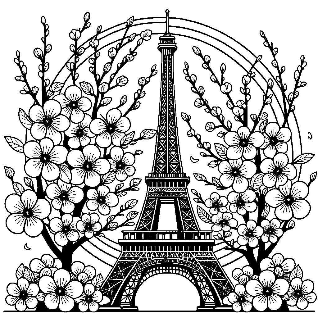 The Eiffel Tower In Paris Surrounded By Blooming Cherry Blossom Trees In Spring