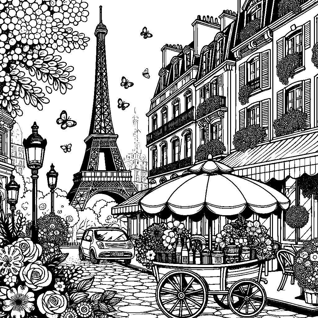 The Streets Of Paris With The Eiffel Tower, Flower Carts, And Café Umbrellas