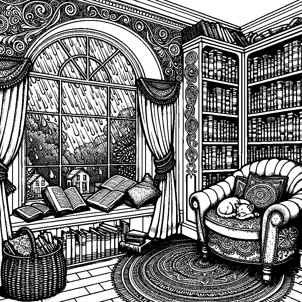 A Cozy Reading Nook With A Window Seat, Rain Falling Outside, Bookshelves, And A Sleeping Cat