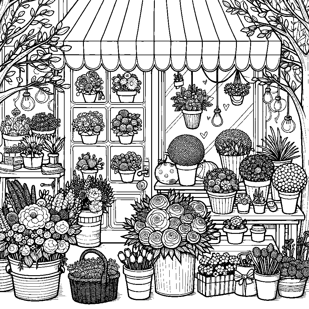 A Flower Shop With Bouquets And Potted Plants