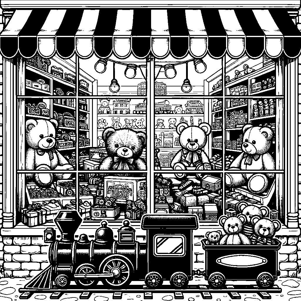 A Toy Shop Window With Teddy Bears And Trains