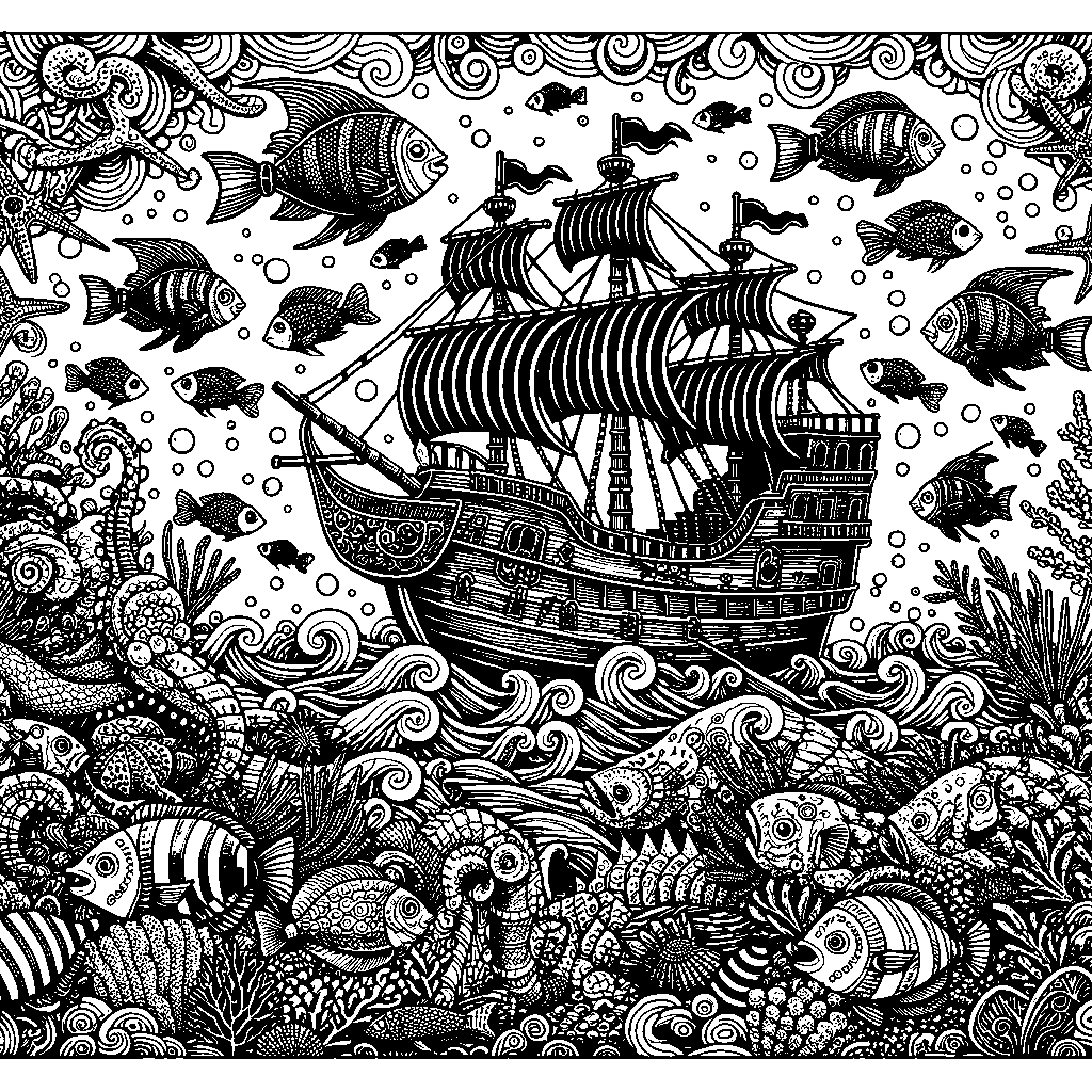 A Sunken Pirate Ship With Fish Swimming Through It