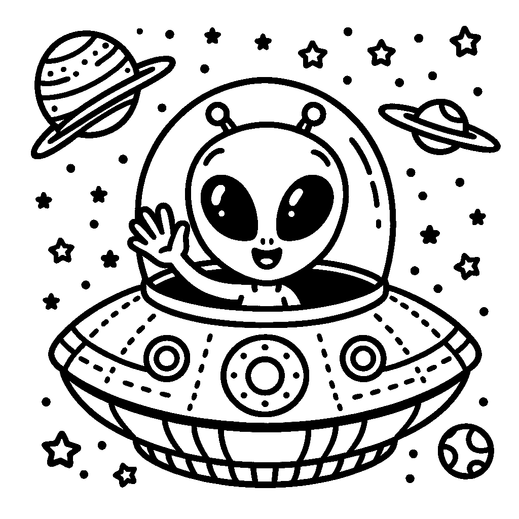 An Alien Waving Hello From A Cute Spaceship