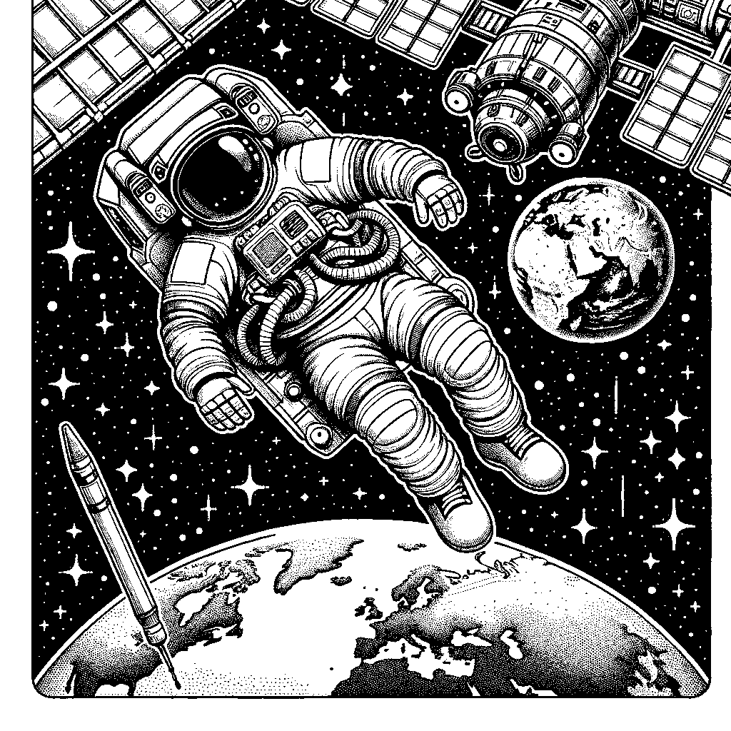 An Astronaut Floating Outside A Space Station With Earth Visible Below And Stars All Around